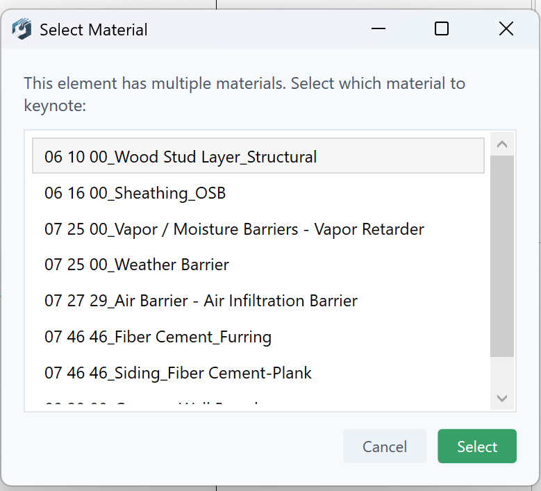 Select Material dialog showing multiple material layers in an assembly